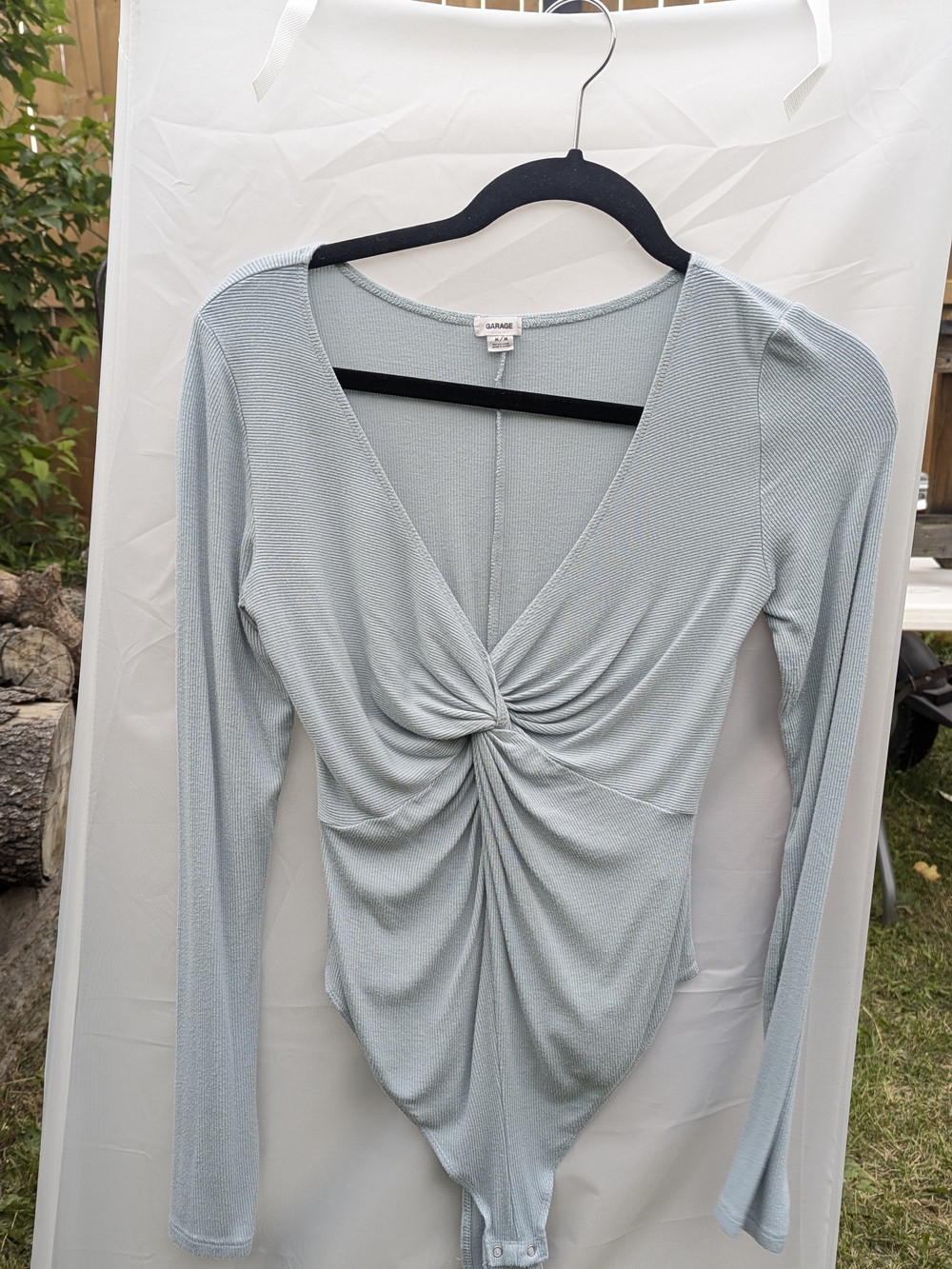 Garage Light Blue Twist-Front Ribbed V-Neck Bodysuit - Picture 11 of 16